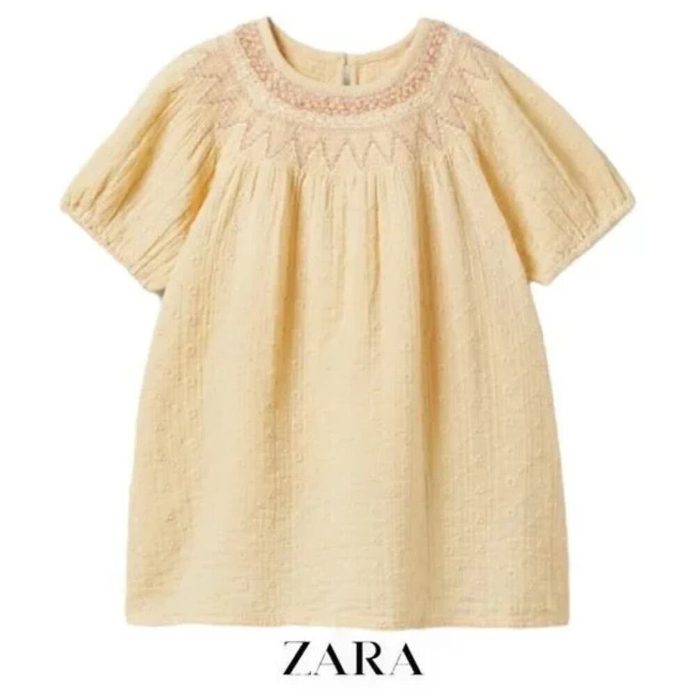 Zara Girls 3-4 Years Dress Textured Embroidered Short Sleeve Yellow New NWT